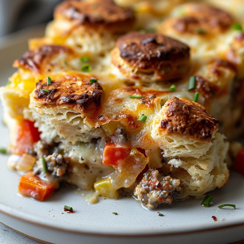 A close-up of a golden, flaky biscuit casserole portion on a grey ceramic plate, showcasing its textured layers.