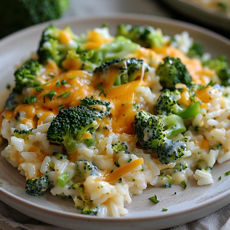 Close-up of a creamy broccoli cheese rice casserole on a grey ceramic plate.