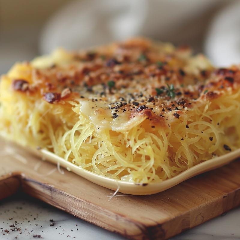 Close-up of a portion of baked spaghetti squash au gratin on a wood board.