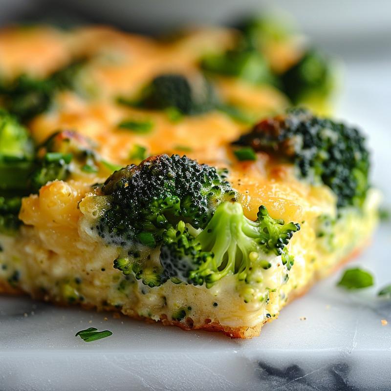 Close-up of a creamy broccoli cheese casserole on a white marble surface.