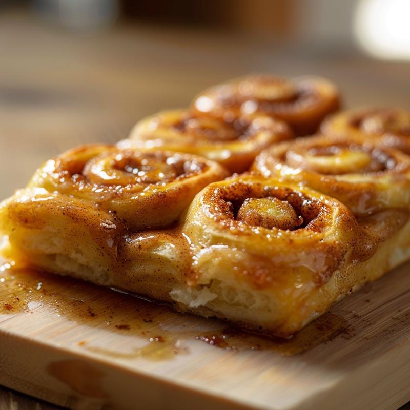 Close-up of a portion of overnight cinnamon roll casserole on a wooden board.