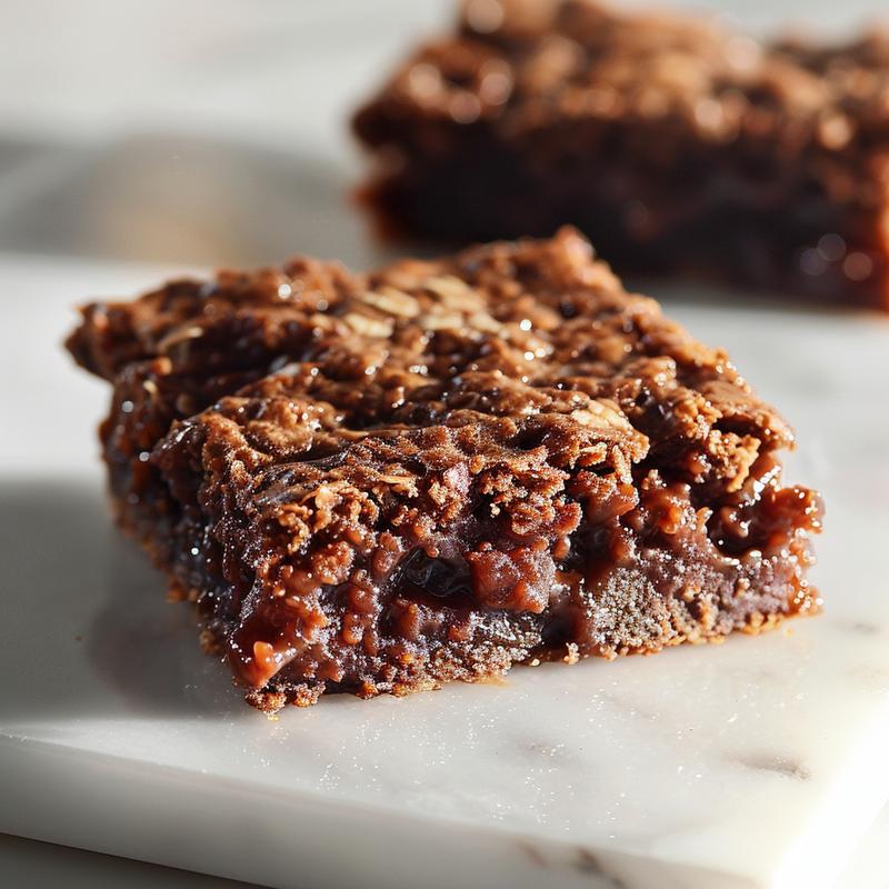 Close-up of a rich, chocolate cobbler on a white marble surface.