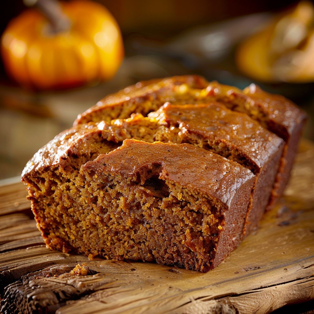 A loaf of golden-brown pumpkin bread with a moist texture, resting on a wooden cutting board.