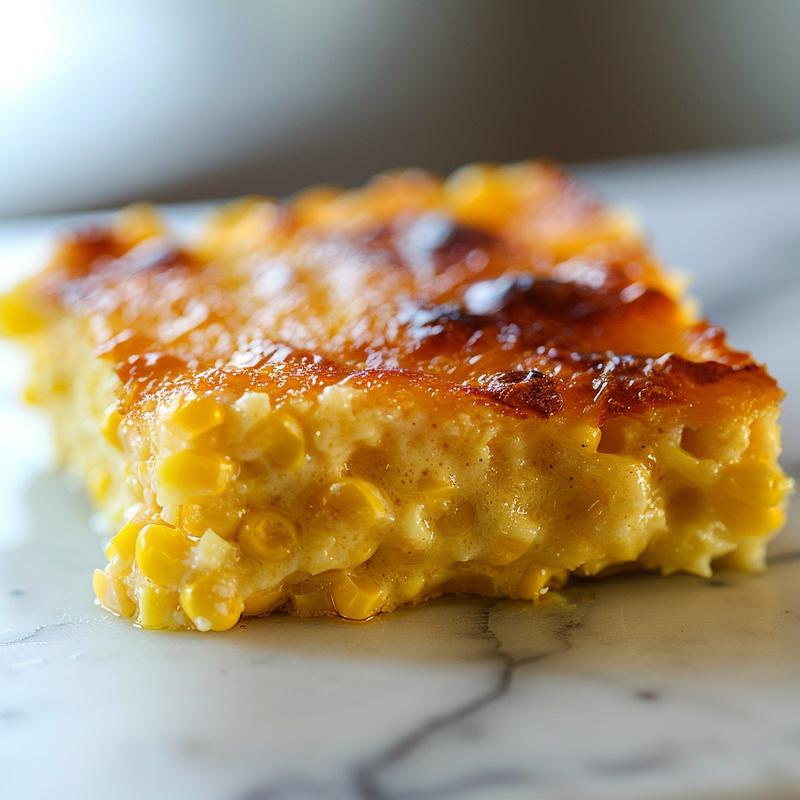 Close-up view of a creamy egg and biscuit overnight casserole with golden biscuit pieces and egg texture.
