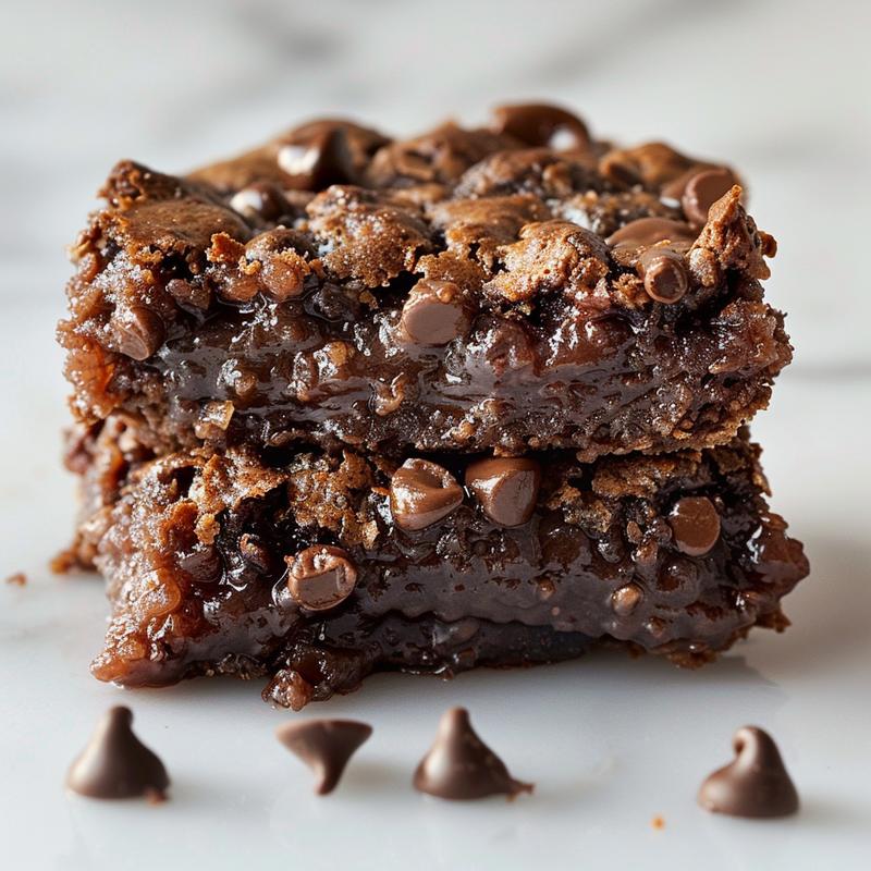 Close-up view of a rich chocolate cobbler on a white marble surface.
