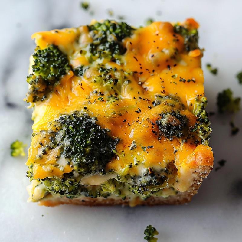 Close-up of a creamy broccoli cheese casserole on a white marble surface.