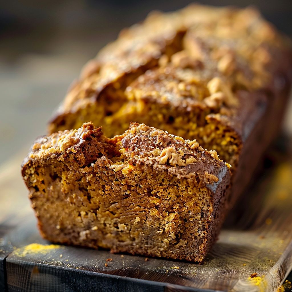 A close-up view of freshly baked pumpkin bread with a golden-brown crust and a soft interior.