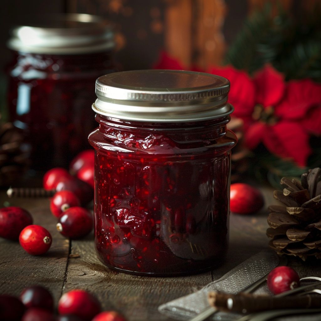 A jar of sweet cranberry jam with a bright red color, placed on a rustic wooden table.