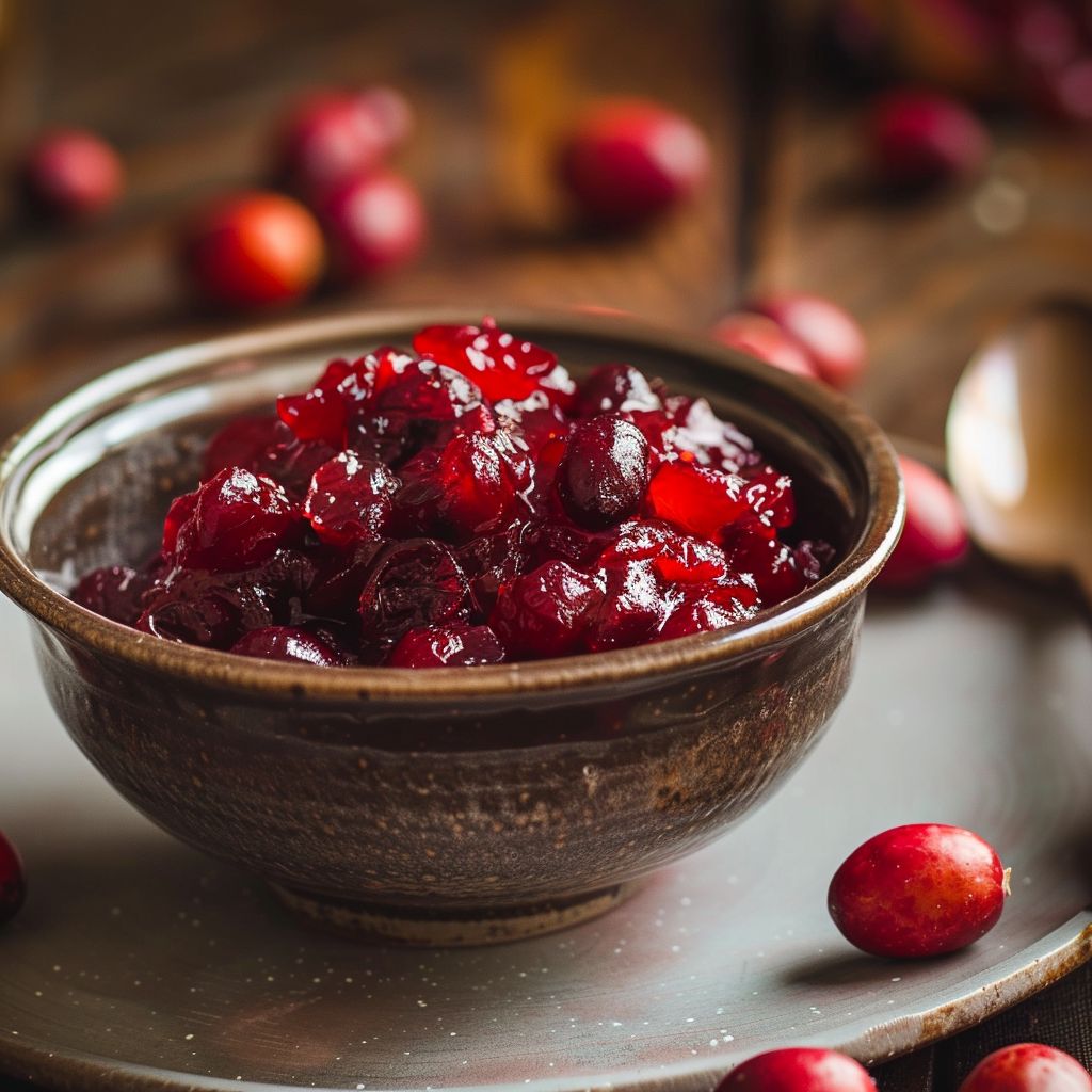A glass jar filled with vibrant red cranberry apple chutney, garnished with fresh herbs, set on a rustic wooden table.