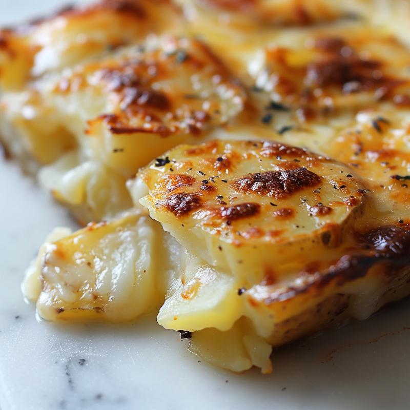 Close-up view of creamy French potato casserole served on a white marble surface.