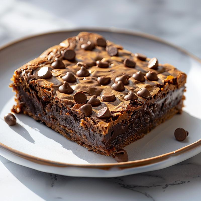 Close-up of a slice of chocolate dump cake on a white plate with a marble background.