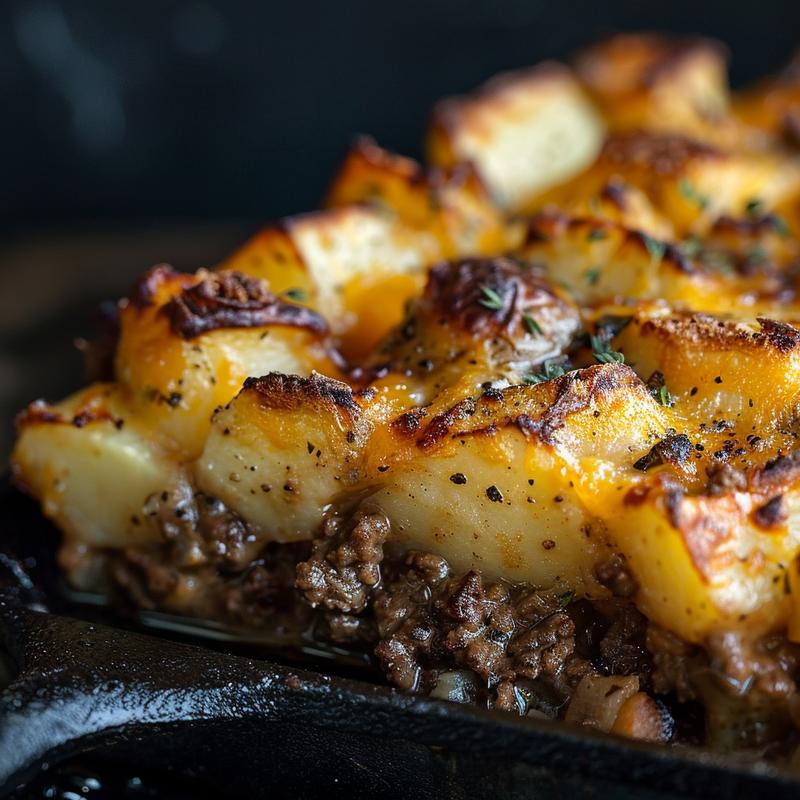 Close-up of a serving of ground beef and potatoes casserole in a cast iron pan, emphasizing texture.