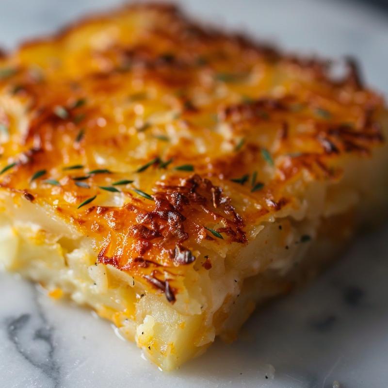 Close-up of a golden brown hashbrown casserole on a white marble surface.