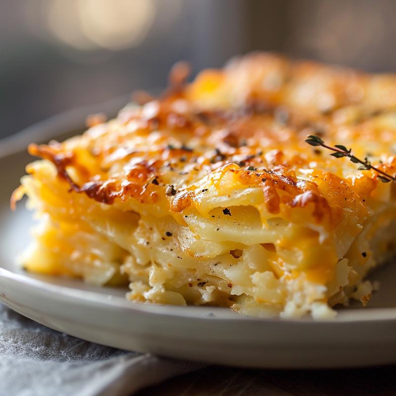 A close-up view of a creamy hashbrown potato casserole on a light grey ceramic plate.