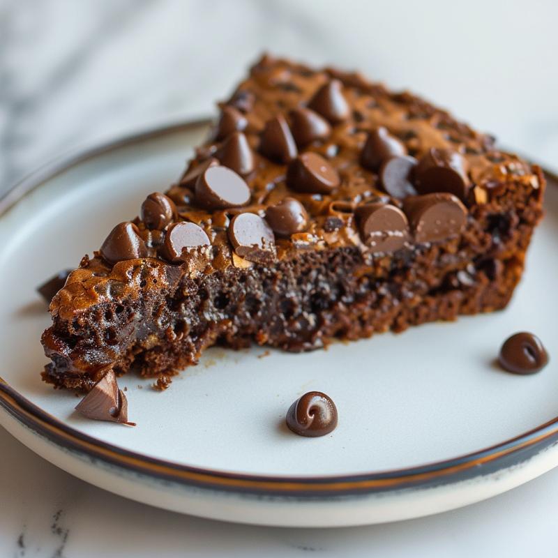 Close-up of a slice of chocolate dump cake on a white marble plate.