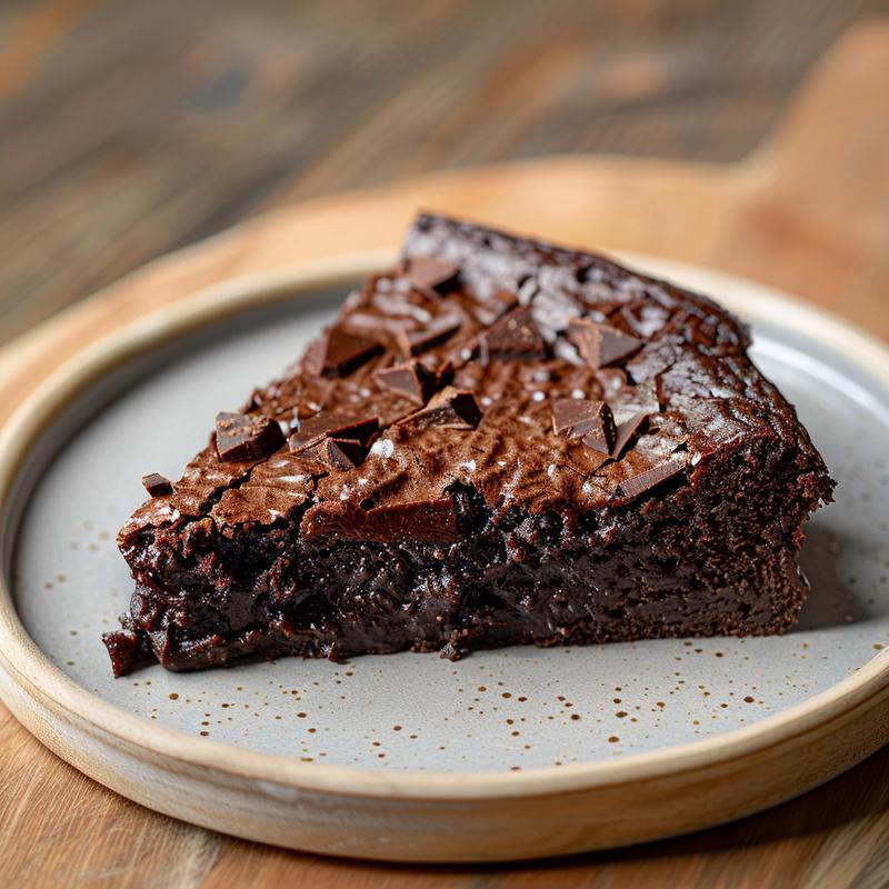 A close-up of a rich slice of chocolate dump cake on a minimalist wooden plate.