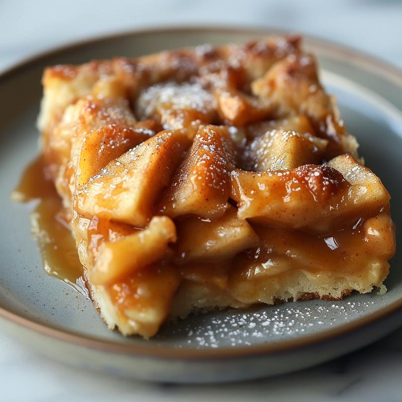 A perfect slice of apple dump cake on a white plate, displayed on a white marble surface.