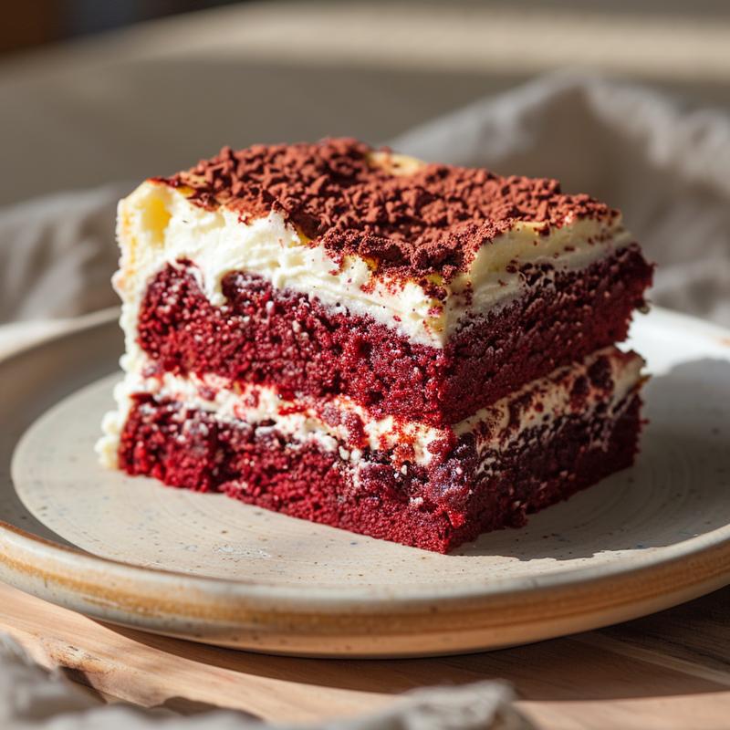 A close-up slice of cherry dump cake on a light grey ceramic plate.