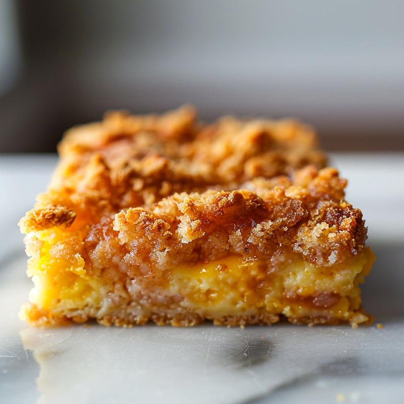 A close-up view of a slice of cherry dump cake on a white plate with a marble background.