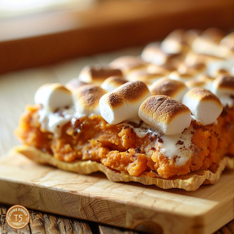 Close-up of sweet potato casserole topped with golden marshmallows on a wood board.