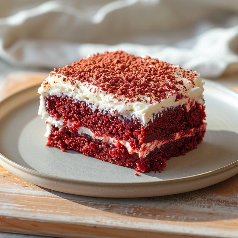 Close-up of a portion of sweet potato casserole topped with fluffy marshmallows on a wooden board.