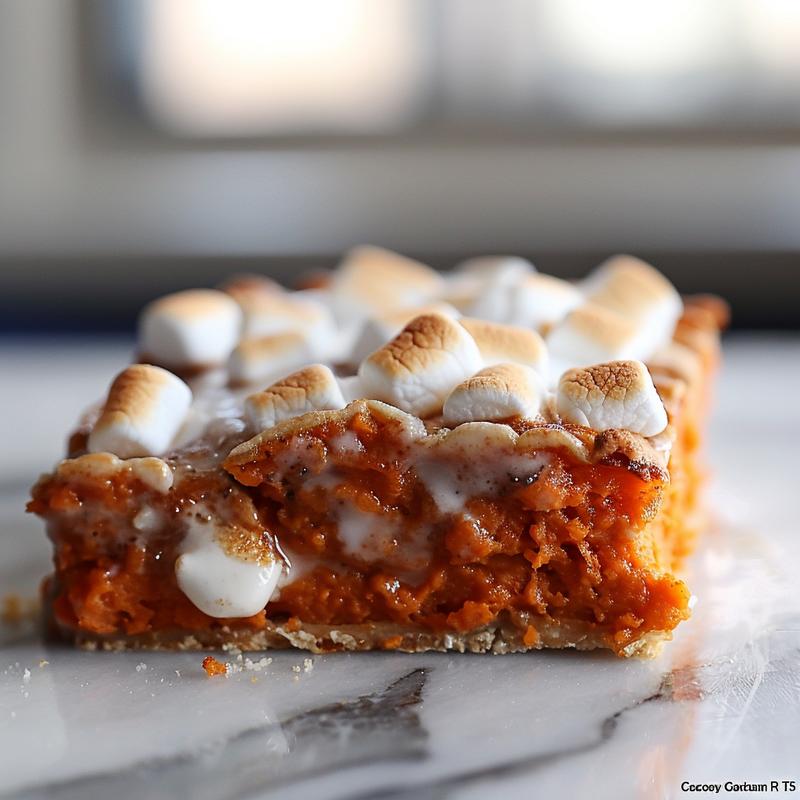 A close-up view of a creamy sweet potato casserole topped with toasted marshmallows, set on a white marble surface.