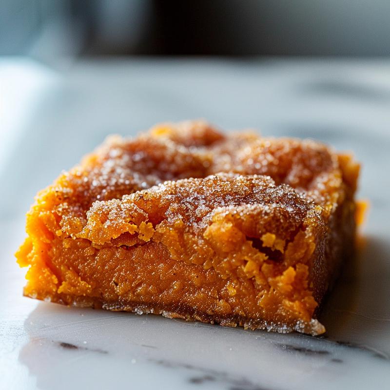 A close-up of a creamy sweet potato casserole with a golden-brown topping on a marble surface.