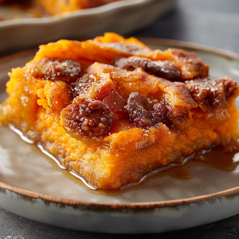Close-up of a creamy sweet potato casserole on a light grey plate, showcasing its texture.