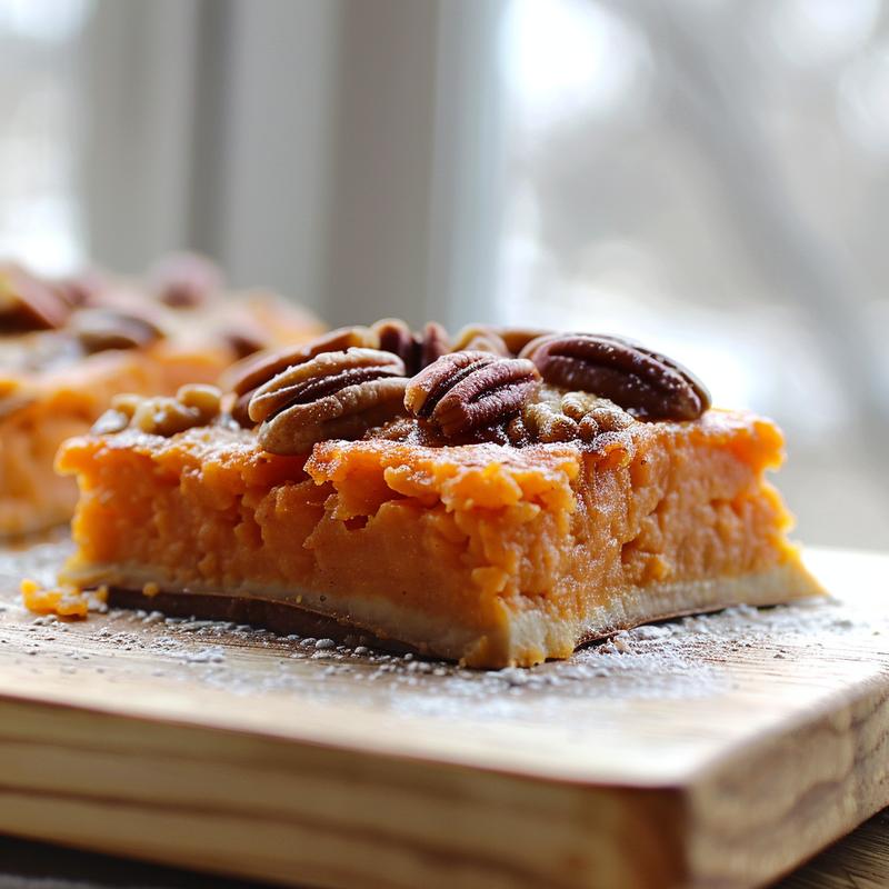 Close-up of a creamy sweet potato casserole topped with a golden-brown crust on a grey plate.