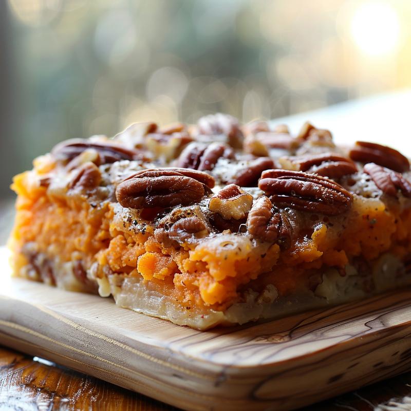 A close-up of a slice of pumpkin dump cake on a light grey ceramic plate, illuminated by natural light.