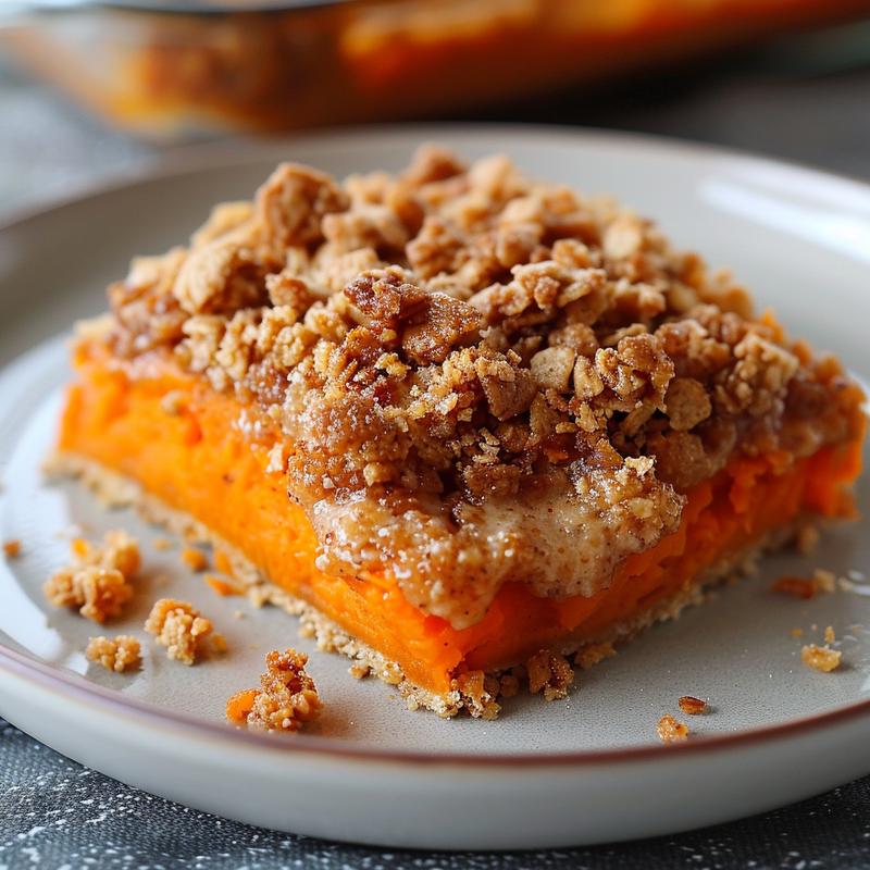 Close-up of a sweet potato casserole with a golden, fluffy topping on a wooden board.