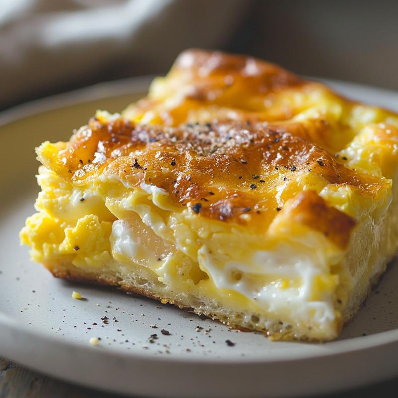 A close-up view of a golden-brown egg bake casserole on a light grey plate.