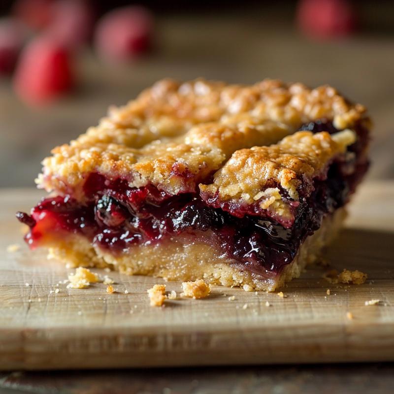 Close-up view of a slice of mixed berry cobbler on a wooden board, highlighting its texture and vibrant colors.