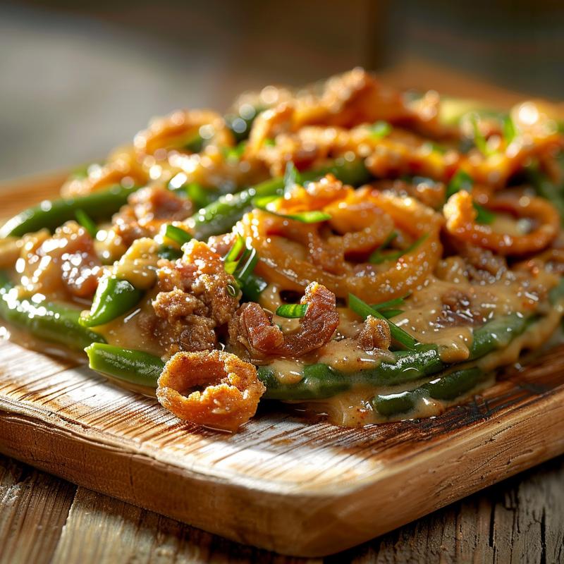 Close-up of a creamy green bean casserole with crispy onion topping on a wooden board.