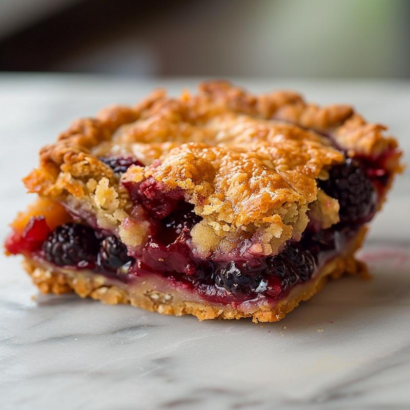 Close-up of a slice of apple cobbler on a marble surface, showcasing its flaky crust and spiced apple filling.