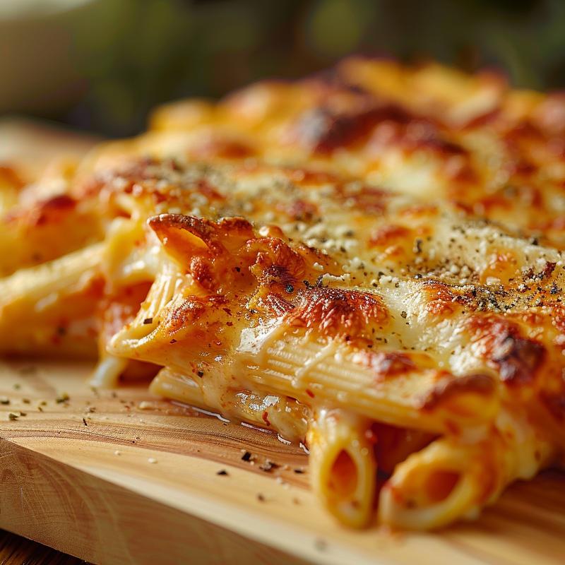 Close-up view of a portion of no-boil pasta bake on a wooden board.