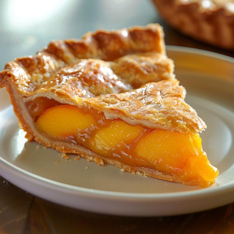 Close-up view of a perfectly baked peach cobbler slice on a light grey ceramic plate.