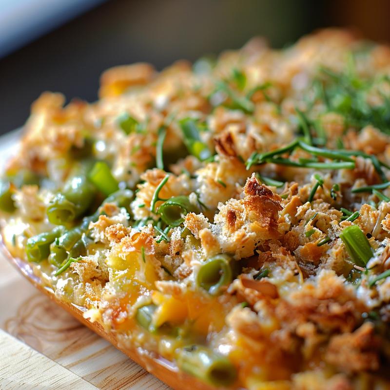 Close-up of a creamy homemade green bean casserole on a light wood board.