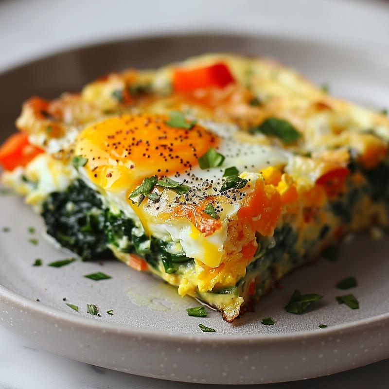A close-up view of a slice of high protein veggie egg bake on a light grey ceramic plate.