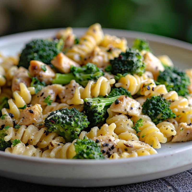 A close-up of a portion of healthy chicken and broccoli pasta bake on a light grey ceramic plate.
