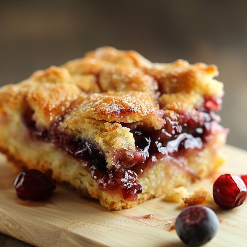 Close-up of a warm slice of bisquick cobbler on a wooden board, showcasing its golden crust and juicy filling.