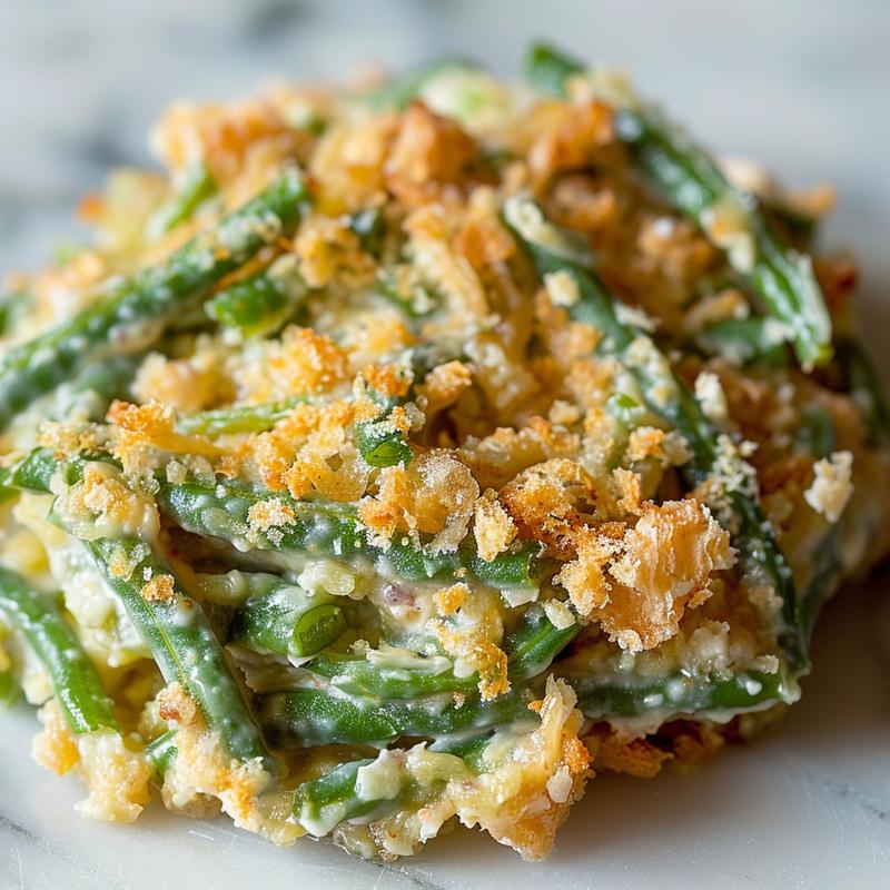 Close-up of a creamy green bean casserole on a white marble surface.