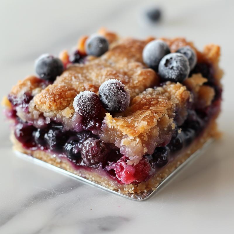 Close-up of a slice of blueberry cobbler with frozen berries on a marble surface.