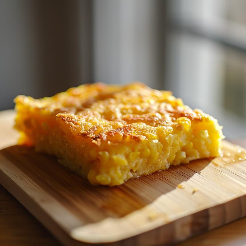 A close-up view of a delicious portion of jiffy corn casserole on a wooden board.