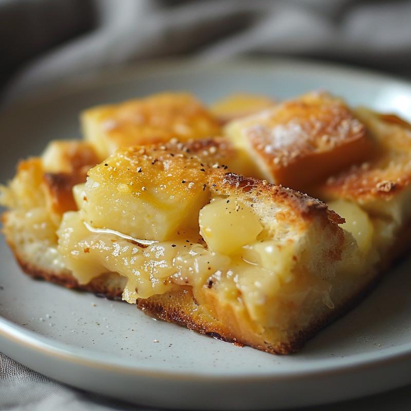 Close-up of a portion of bread pudding on a light grey plate, showcasing its texture and layers.