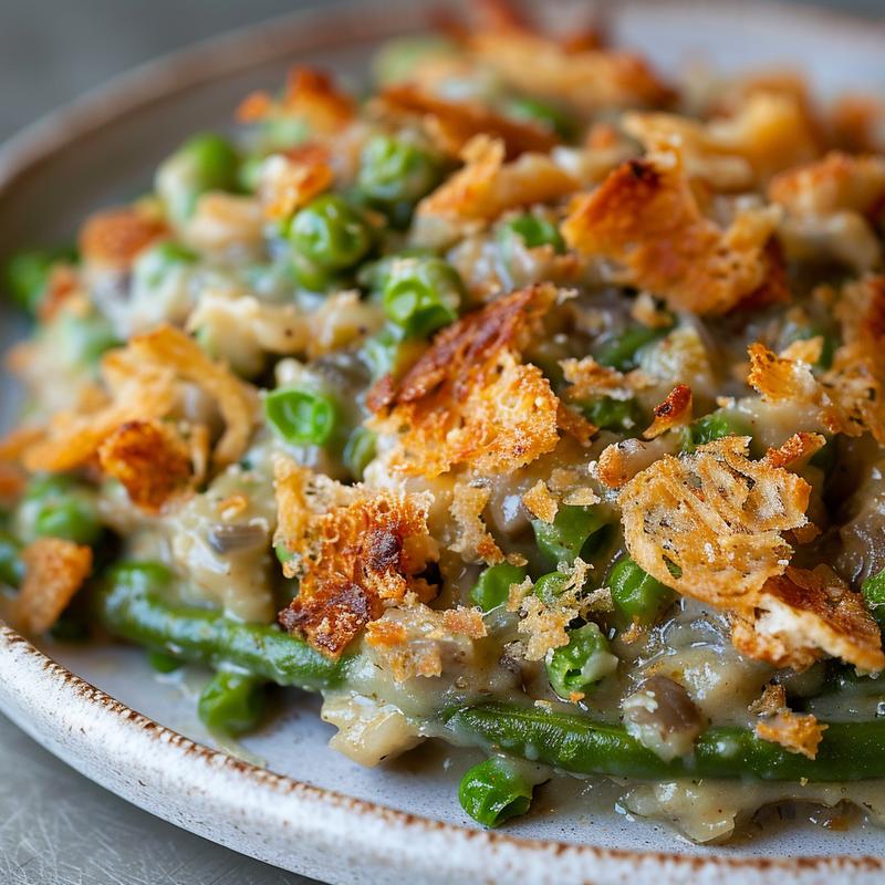 Close-up of a creamy tuna casserole served on a light grey ceramic plate with soft shadows.
