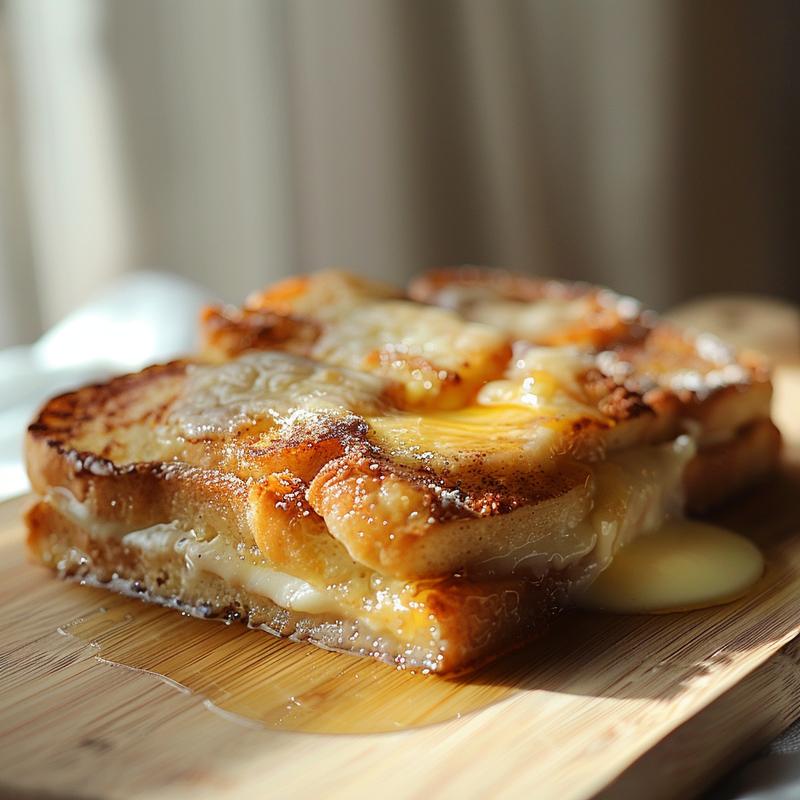 Close-up view of a baked French toast casserole on a wood board, showcasing its golden-brown texture.