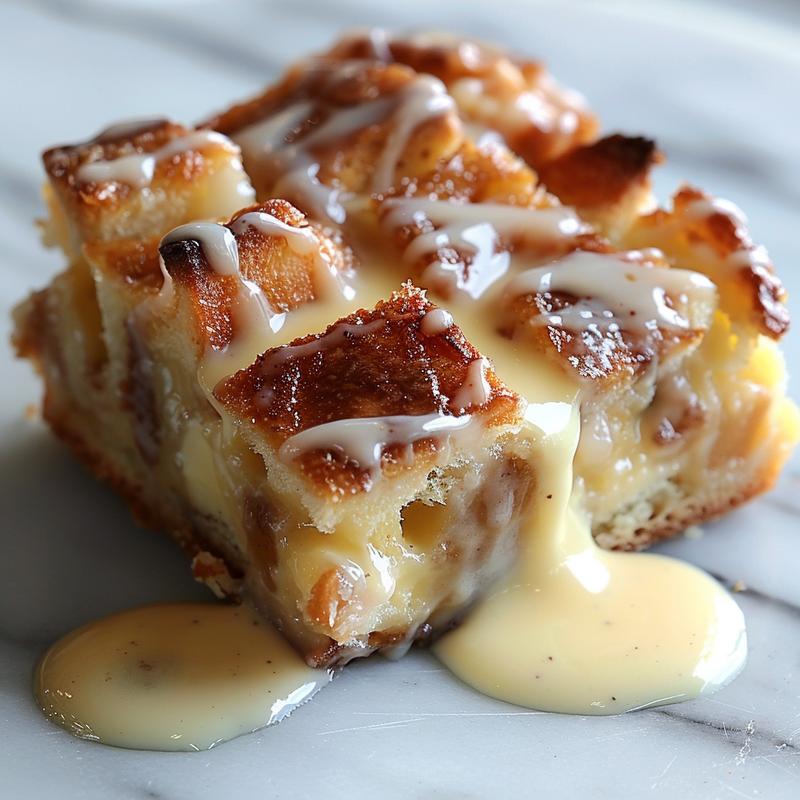 A close-up of a creamy portion of bread pudding topped with vanilla sauce on a white marble surface.