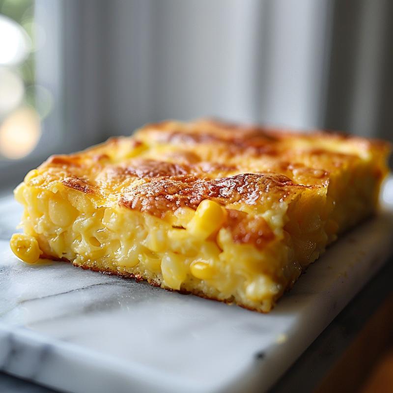 Close-up of a portion of corn casserole with a creamy texture and golden top on a marble surface.