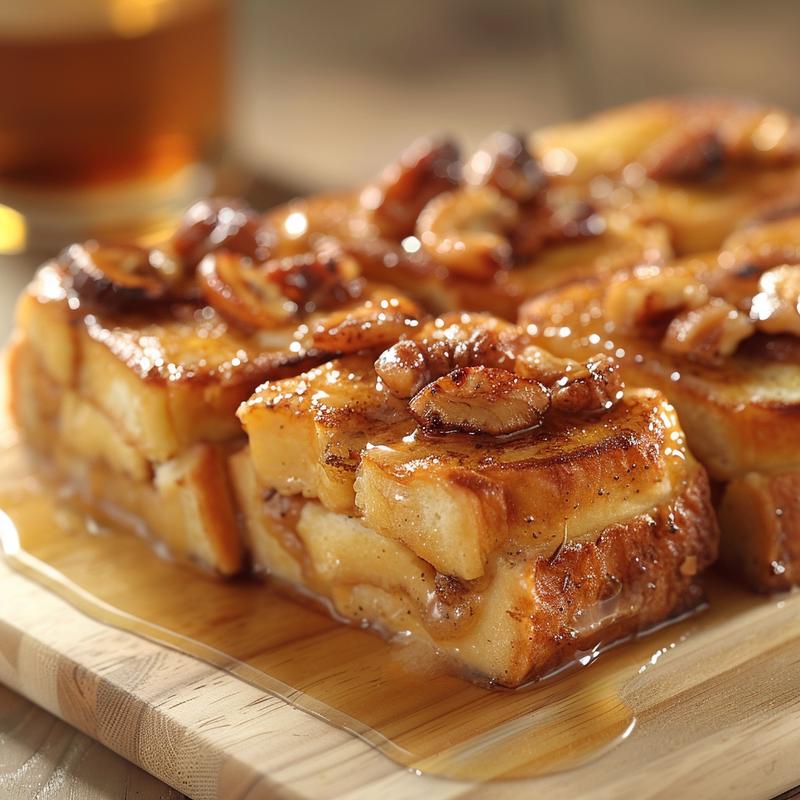 A close-up view of a slice of overnight French toast casserole with a golden-brown top, sitting on a light wood board.